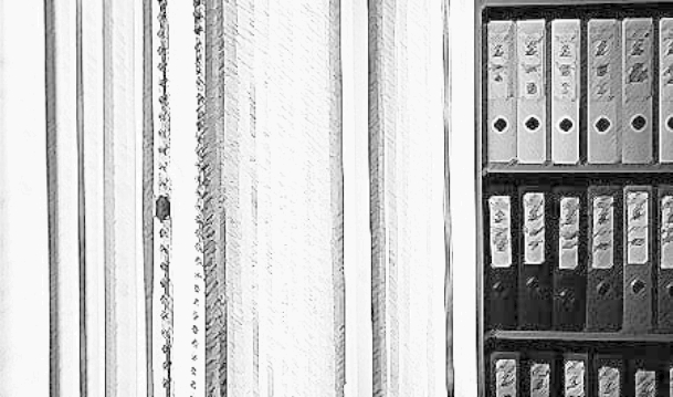 Aktenschrank als schwarzweiß Grafik mit vielen Ordnern nach Büroreinigung in Trittau