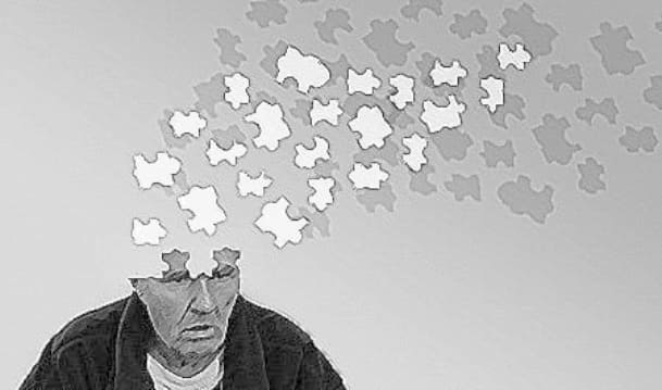 Schwarz-weiß Grafik zeigt Demenzkranken und setzt dafür Gedanken durch Puzzlestücke symbolhaft um - Betreuungsangbot durch HaushaltsService Trittau