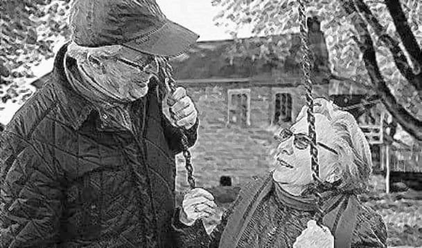 Schwarzweiß Grafik eines Ehepaares, das durch Nutzung haushaltsnaher Dienstleistungen die gemeinsame Freizeit im Garten genießen kann. Haushaltshilfe Trittau
